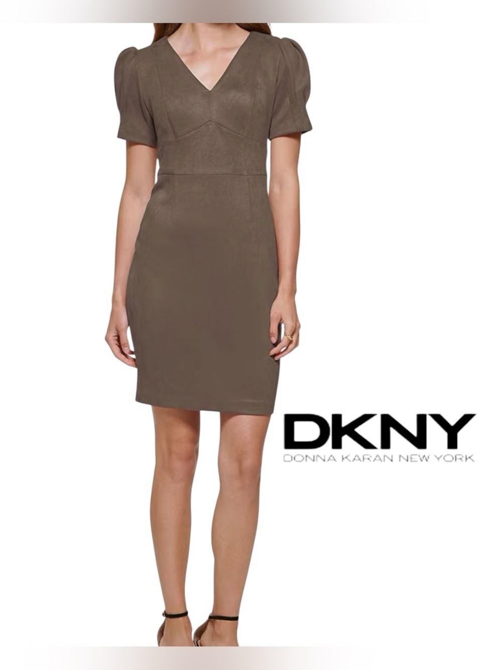 DKNY PUFF SLEEVE V-NECK DRESS BROWN